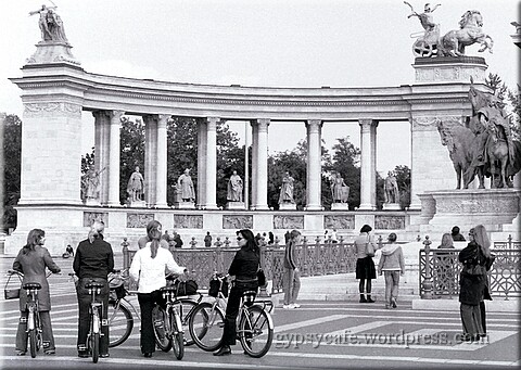 Cyclists in Heroes Square, Budapest, 2005