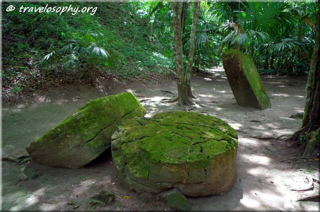 Moss Covered Stone Altars in forest path - Tikal, Guatemala.